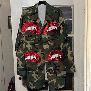 Camouflage Jacket with Red Sequin Lips